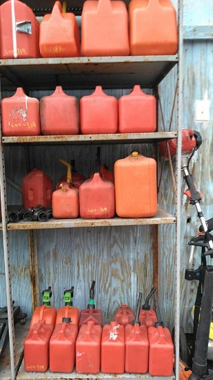Lot on 4 Shelves of Various Gas Cans
