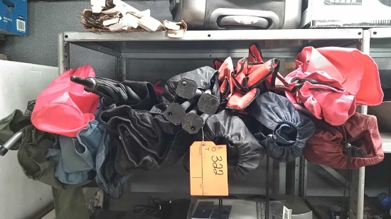 Lot on Shelf of Various Folding Lounge Chairs & Umbrellas