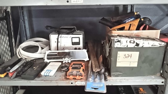 Lot on Shelf of Various Hand Tools, Tape Measures, Box Cutters, Drill Bits, Lestronic 2 Battery