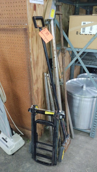 Lot of Power Carpet Stretcher (Missing Head), Wood Clamp, Floor Chisel, Rock Roller Multi Cart