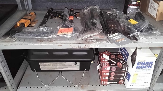 Lot on 2 Shelves of Various Spatulas, Locking Tongs, Grate Grill Cleaner, Char Rock, Grill Beast