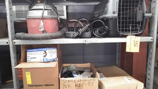 Lot on 2 Shelves of 1-Gal Shop Vac, Pet Care Cage, Garming GPS, Labelers, Invisible Tape, Staple
