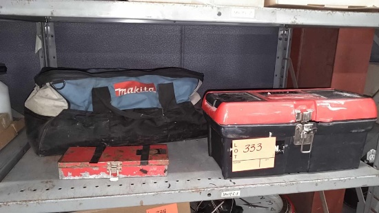 Lot on Shelf of Various Hand Tools, Sockets, Caulk Guns, Tool Bag, Oil Funnel