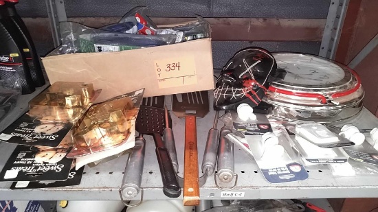 Lot on Shelf of Wall Clock, Beverage Spigots, Spatulas, Tongs, Cookie Cutters, Lawn Chair Re-Web Kit