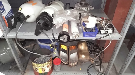 Lot on 2 Shelves of Various Nails, Headlights, Work Light, Pump Sprayers, Attenator, Machine Screws