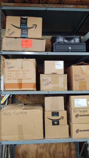 Lot on 3 Shelves of Various POS Systems of Clover Card Reader, Ingenico Card Readers, Netgear Base
