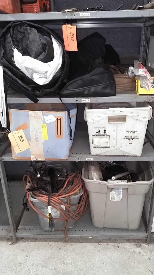 Lot on 3 Shelves of BMW Car Cover, Various Hand Tools, Toro Riding Mower Parts, Electical Wire,