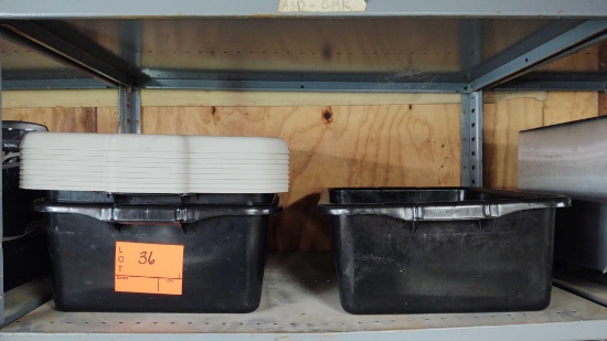 Lot on Shelf of 3 Plastic Bus Pans with 9 Lids