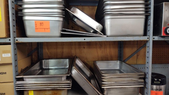 Lot on 2 Shelves of Approximately 40 Various Stainless Serving Pans, No Lids