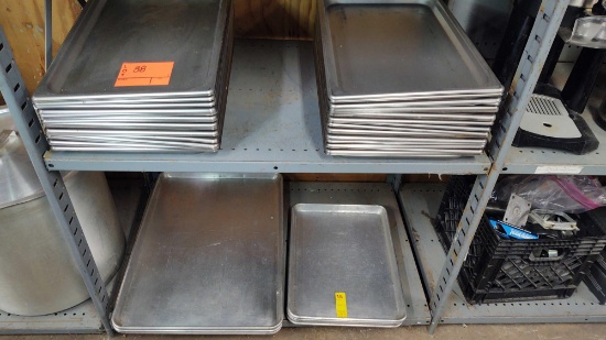 Lot on 2 Shelves of Approximately 40 Shallow Stainless Serving Pans, (3) 18" x 26" Baking Sheets,