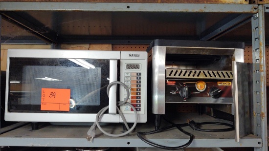 Lot on Shelf of Galaxy Commercial Microwave, Nemco Commercial Toaster
