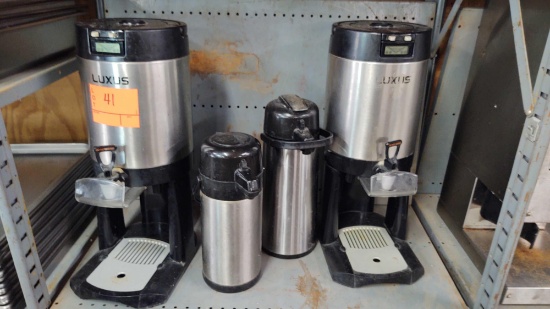 Lot on Shelf of 2 Luxus 2-Gallon Coffee Servers, 2 Coffee Urn Dispensers: 2.2-Liter and 2.5 Liter