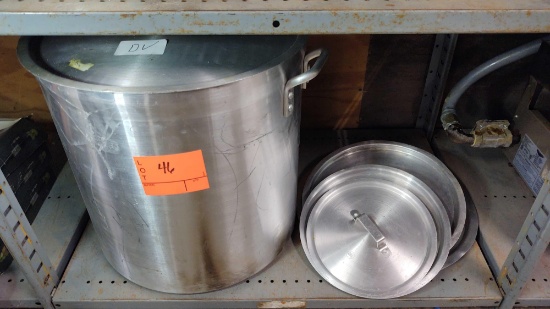 Lot on Shelf of Various Boil Pot Lids, Approximately 20-Gallon Boiling Pot