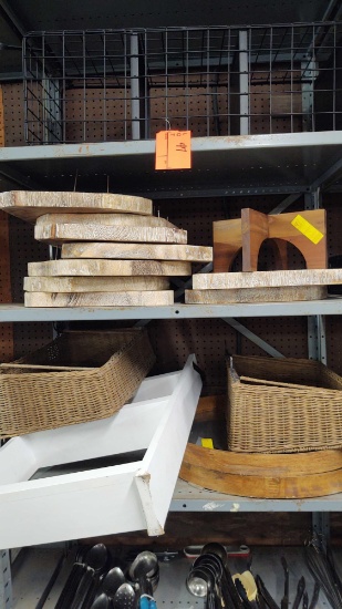 Lot on 3 Shelves of Various Wooden Wall Decor, 2 Round Mirrors, Metal Wire Shelf, 2 Woven Baskets,