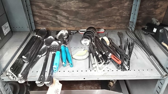 Lot on Shelf of Various Ladles, Tongs, Whisks, Spatulas, Scoops, Spoons, Can Opener, Graders, Pizza