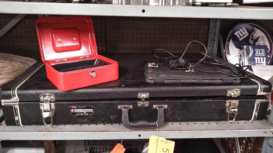 Lot on Shelf of Small Money Box, Chrome Laptop (Works, Password Unknown, Locked), Road Runner