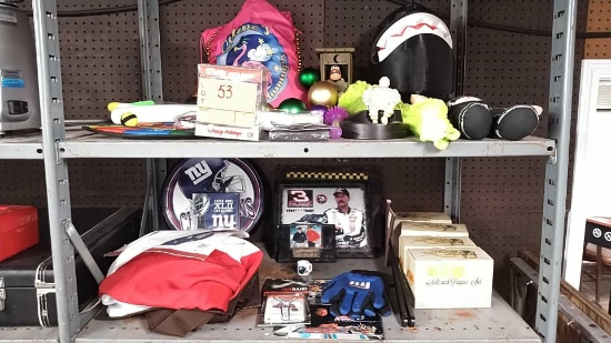Lot on 2 Shelves of Various Mardi Gras Beads, Toys, Kizz Pins, Salt/Pepper Sets, NY Giant S.B.