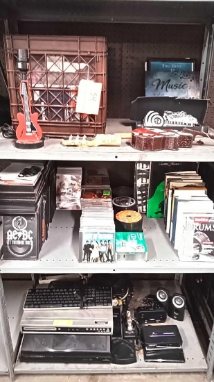 Lot on 3 Shelves of Various DVD's, Music CD's, Records, Music Books, Wii Games, MCS Phono Player,