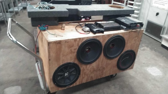 Lot on Cart of Homemade Speaker Box with (4) 12" Subwoofers (2 appear to be Blown), Custom Speaker