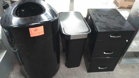 Lot of Black Metal Trash Bin, Kitchen/Bath Trash Can, 2-Drawer Letter File Cabinet