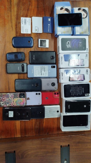 Lot of Cell Phones: (3) I-Phones, (3) LG, (2) Motorola, Schok, Cricket, (6) Cloud Mobile, (2) Sky