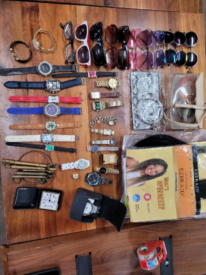 Lot of Various Wrist Watches, Bracelet Watches, Pocket Watches, Sunglasses, EZ Braid Hair, Skeleton