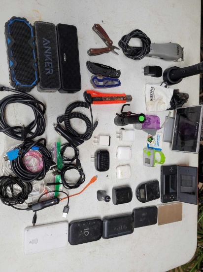 Lot of Various Phone Chargers, Cell Phone Battery Backups, Sharp Atomic Clock, Easy Style Clippers,