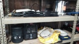 Lot on 2 Shelves of Skillet, Pot, Tripod, Hair Dryers, Lamps, Belt, Personal Heaters, Furniture