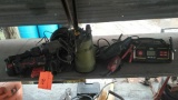 Lot on Shelf of Everstart Battery Charger, Drummond Pump, Chicago Electic Sander, Black & Decker
