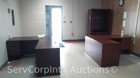 Lot in Classroom #2:(2) L-Shaped Desks, TV Cabinet, Metal 2-Door Storage Cabinet