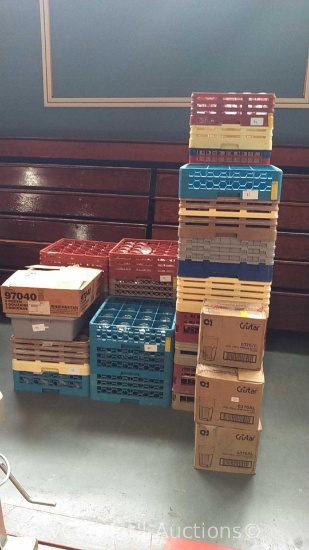 Lot of (6) Empty Dishwasher Racks, (5) Boxes of (2 Doz Ea) 12oz Glasses, (10) Trays of 296 Matching