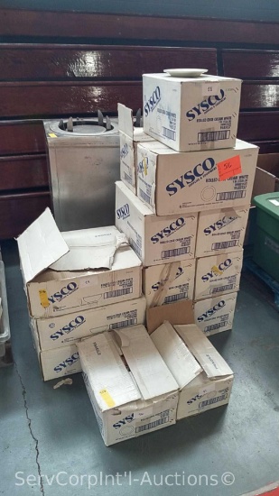 Lot of 9 Boxes of (12 Doz Ea) Sysco 9" Ceramic Plates, (3) Boxes of (3 Doz Ea) Sysco Ceramic Bowls,