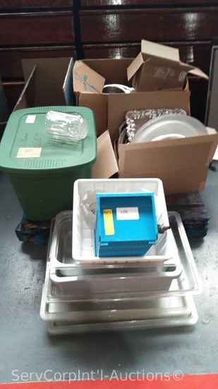 Lot of Box of Assorted Metal Trays, Platters, Pans, (4) Metal Serving Containers, Metal Pitcher,