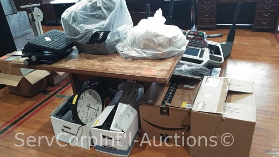 Lot of Bag with (2) Under the Desk Footrests (1 Broken), Bag & Boxes of an Assortment of Book Ends,