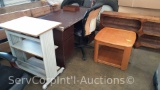 Lot of Brown Desk, Book Shelf, End Table, Office Chair, 4-Wheel Shelf
