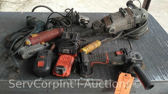 Lot on Shelf of Hyper Tough Grinder, BH19 Angle Grinder, Drill Master Grinder, Black & Decker Drill,
