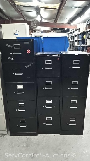 Lot of 2 Hon 4-Drawer Letter File Cabinets and 1 Hon 5-Drawer Legal File Cabinet, No Keys (Seller: