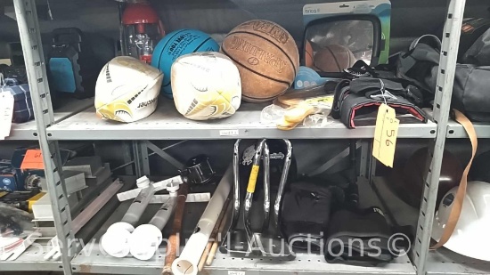Lot on 2 Shelves of Various Basketballs, Rugby Balls, Paddle Ball, 360 Baby Mirror, Childs Boxing
