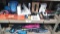 Lot on 2 Shelves of Various Umbrellas, Pet Leasher, Flashlights, Food Scale, Glue Gun, First Aid