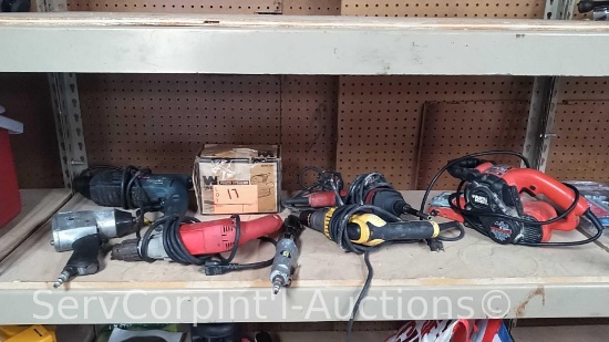 Lot on Shelf of Various Electric Drills by Magnum, Dewal, Hilti & Bosch, Wen Electric Palm Sander,