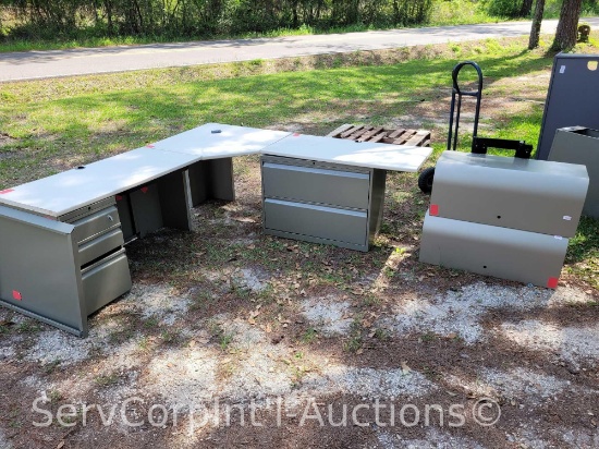 Lot on Pallet of Modular Desk Set: L-Shaped Desk with 2 Upper Cabinets, 3-Drawer Under Desk File