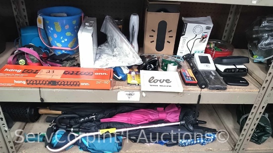 Lot on 2 Shelves of Various Umbrellas, Pet Leasher, Flashlights, Food Scale, Glue Gun, First Aid