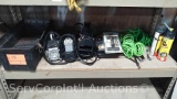 Lot on Shelf of Mini Air Compressors, Nails, Air Compressor Hoses, Fix-a-flat