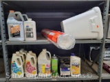 Lot of 2 Shelves of Concrete Bonder, Plastic Sheeting, Disposable Cooler, Bissell Carpet/Upholstery