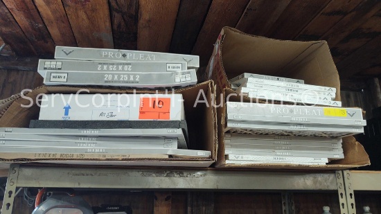 Lot on Shelf of Various Pleat Filters of 20x25x2, 20x25x5, 24x24x1, 14x20x1, 20x25x1, 16x20x1