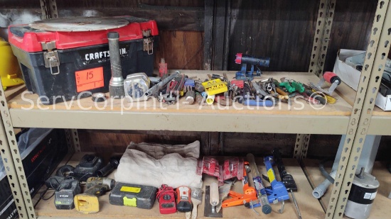 Lot on 2 Shelves of Craftsman Tool Box, Various Hand Tools, Tape Measurers, 18-Volt Dewalt Impact