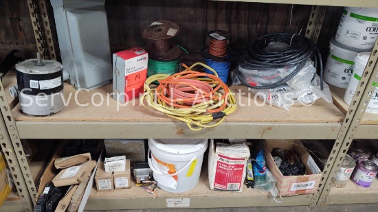 Lot on 2 Shelves of Various Electrical Wire, Contactors, Disconnect Boxes, 208/230-Volt Electric