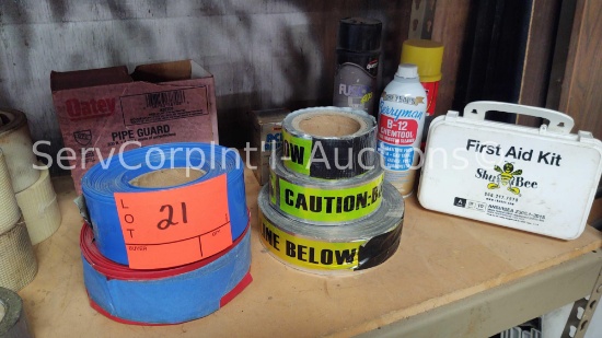 Lot on 3 Shelves of Various Duct Tape, Pipe Guard, Caution Tape, Webbing Spray, Duct Sealant,