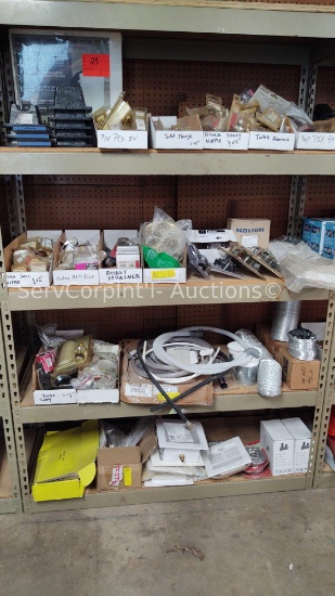 Lot on 4 Shelves of Various Sink Stoppers, Sink Strainers, Pipe Support, A/C Foot Pads, Union