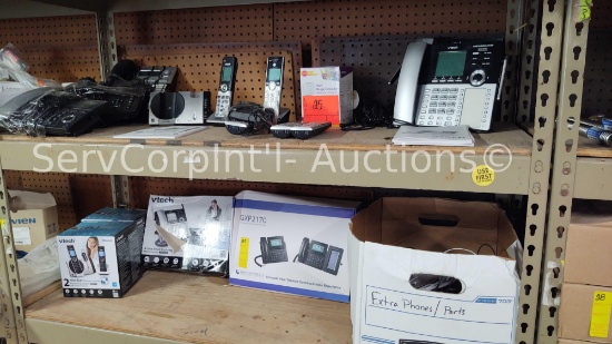 Lot on 2 Shelves of Various V-Tech Office/Landline Phones, Grandstream Office Phones, Phone